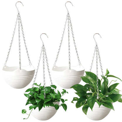 Srmayyi 4 Pack 8 inch Plastic Self Watering Hanging Planters,Round Hanging Basket Planter with Drainer and Metal Chain,White Garden Flower Plant Pot Container for Indoor Outdoor Plants