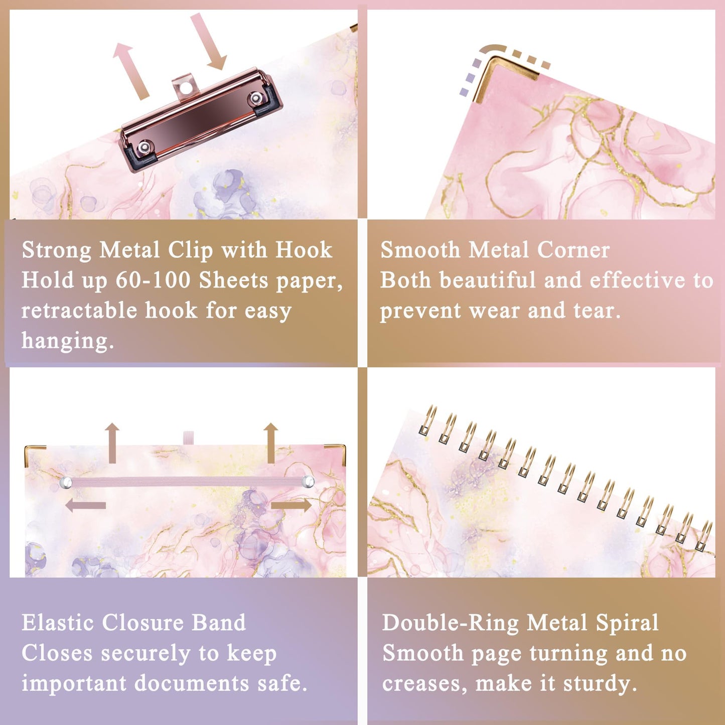 HAUTOCO Clipboard Folio with Refillable Notepad for Letter Size (11" x 8.5"), 5 Dividers with 10 Pockets, Elastic Pen Holder and File Folder Labels, Spiral Nurse Clipboard Artboard(Pink Marble)