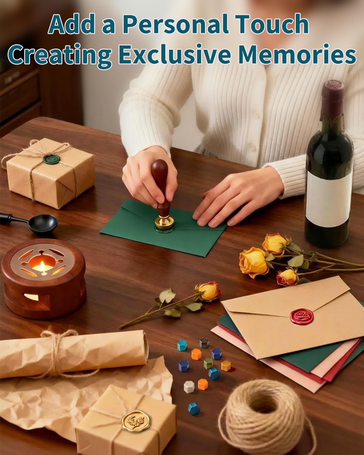 SHOWPIN Wax Seal Kit for Beginners: 400 Wax Beads in 20 Colors, 2 Stamp Heads & Premium Envelopes in Gift Box for Holiday Gifting & DIY Letter Sealing