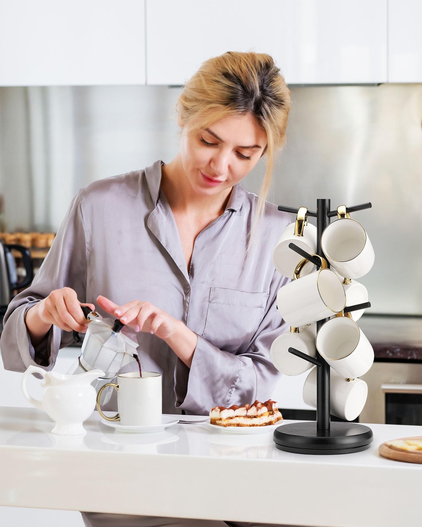 Lorbro Coffee Mug Tree, 360° Rotated Mug Holder with 8 Hooks, Wooden Coffee Cup Holder Rack Stand Accessories for Countertop Kitchen Decor Organizer