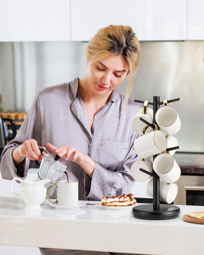 Lorbro Coffee Mug Tree, 360° Rotated Mug Holder with 8 Hooks, Wooden Coffee Cup Holder Rack Stand Accessories for Countertop Kitchen Decor Organizer