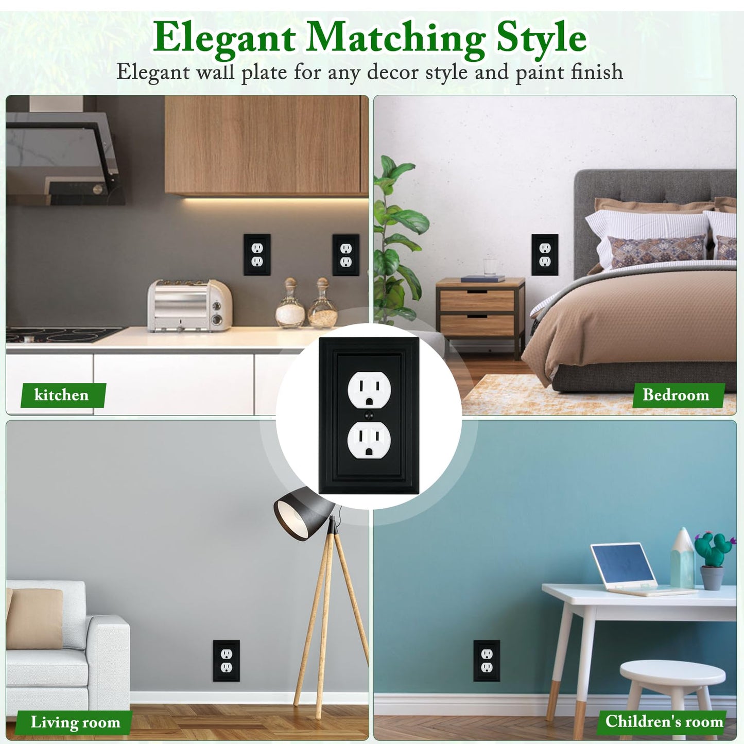Matte Black Decorative Outlet Covers Wall Plates, Bamboo Fiber Light Switch Covers, Natural Material Electric Receptacle Switch Plate Outlet Cover of various styles (1 Gang Duplex 4 Pack)