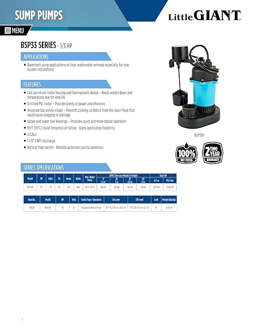 Little Giant BSP33V 1/3 HP, 115 Volt, 2880 GPH Automatic Submersible Epoxy Coated Cast Aluminum Sump Pump with Piggy-back Vertical Switch and 8-Ft. Cord, Blue, 506251