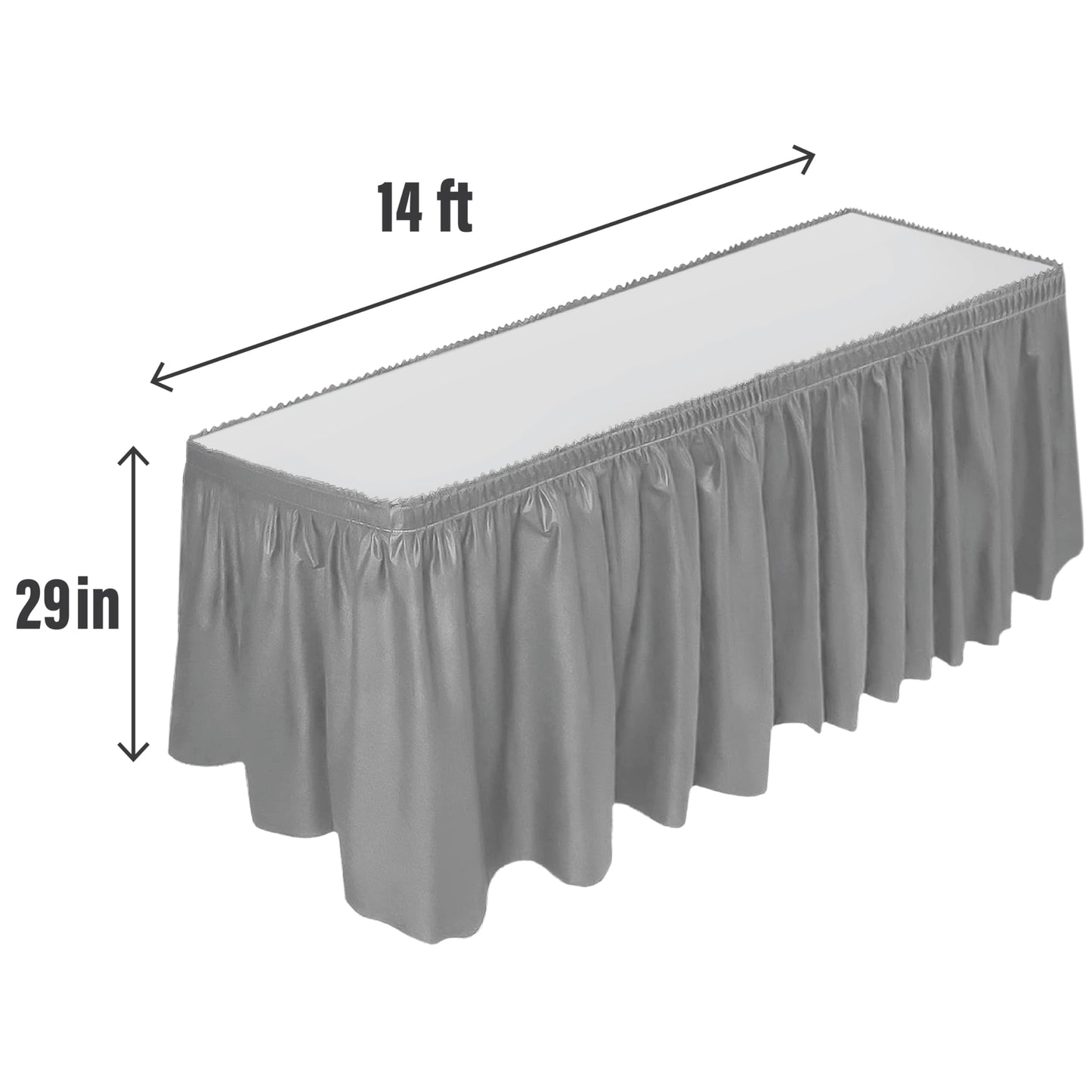 DecorRack 2 Pack Table Skirts, 29 in x 14 ft Each, Multi Pack -BPA Free- Plastic Tableskirt, Disposable, Reusable, Rectangular Tablecloth Skirt, Silver (2 Pack)