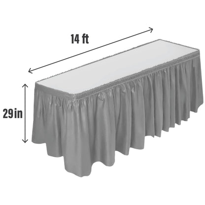 DecorRack 2 Pack Table Skirts, 29 in x 14 ft Each, Multi Pack -BPA Free- Plastic Tableskirt, Disposable, Reusable, Rectangular Tablecloth Skirt, Silver (2 Pack)