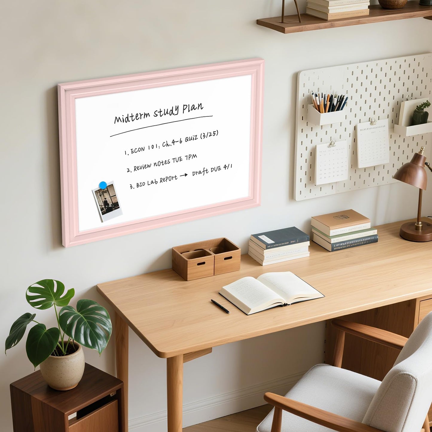 QUEENLINK White Board for Wall, 24'' x 18'' Magnetic Dry Erase Board, Decorative Whiteboard with Pink Wooden Frame, Hanging Writing Board for Home Office School Dorm