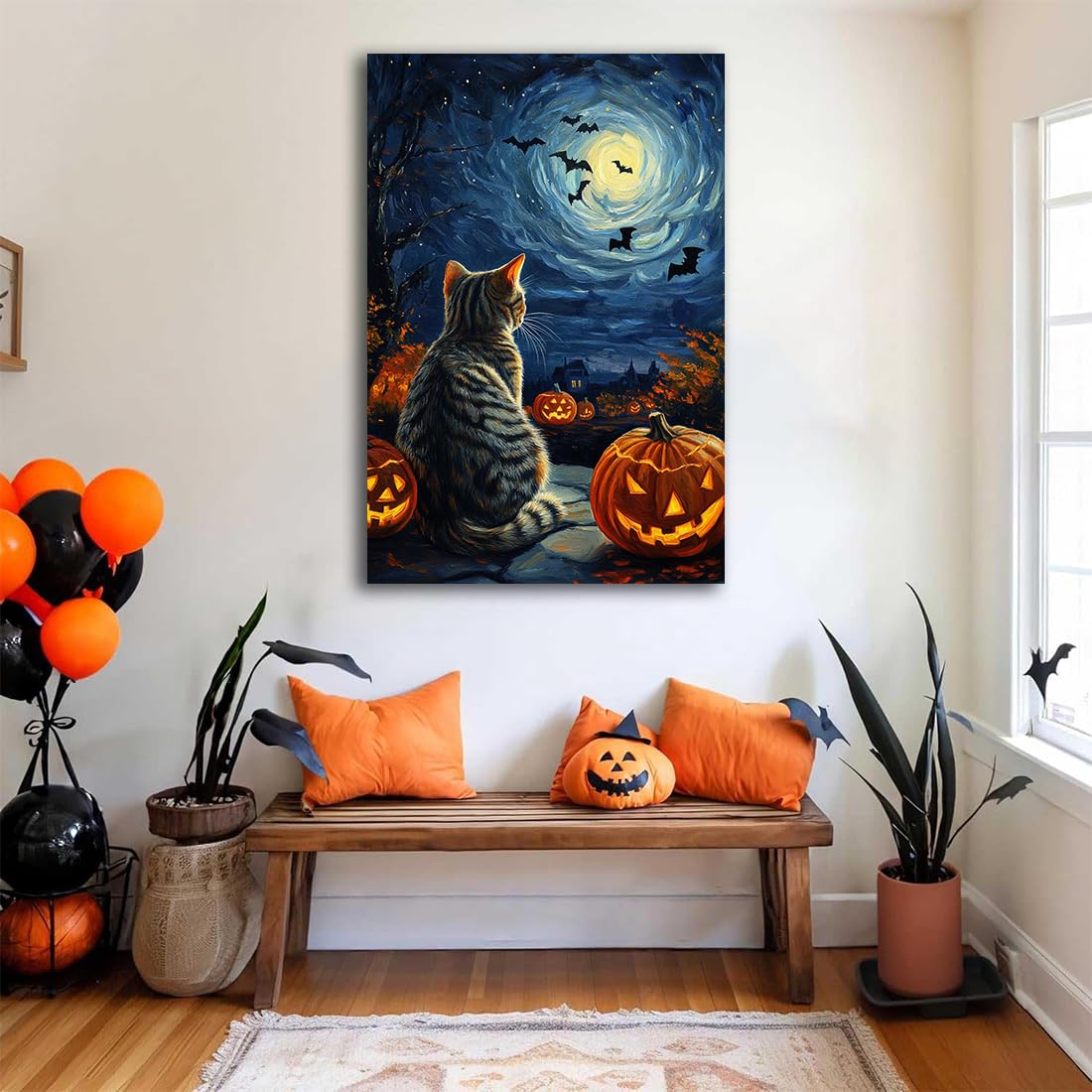 Black Cat Pumpkin Blue Starry Night Halloween Pictures Wall Decor,Bats Under Cosmic Sky Canvas Painting Print,Unique Celestial Home Wall Decor,Cute Animal Autumn Room Art Print,16"x24" Unframed