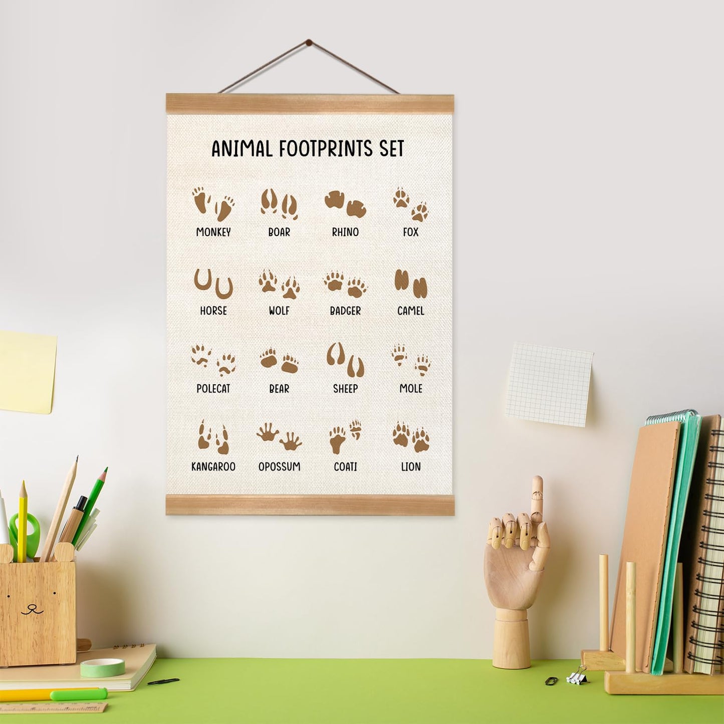 ZTGDA Animal Footprints Wall Art Poster – Animal Footprints Canvas Print with Wood Hanger Frame, Education Learning Poster for Nursery Classroom Playroom Decor 12x16Inch