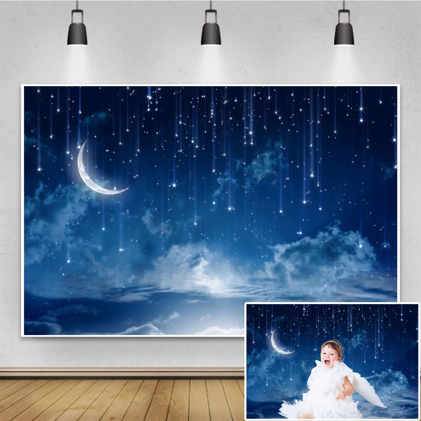 Renaiss 7x5ft Shooting Star Backdrop Blue Galaxy Starburst Curved Moon Background Cosmic Nebula Constellation Celestial Photo Backdrop Twinkle Star Meteor Baby Shower Kids Birthday Party Supplies