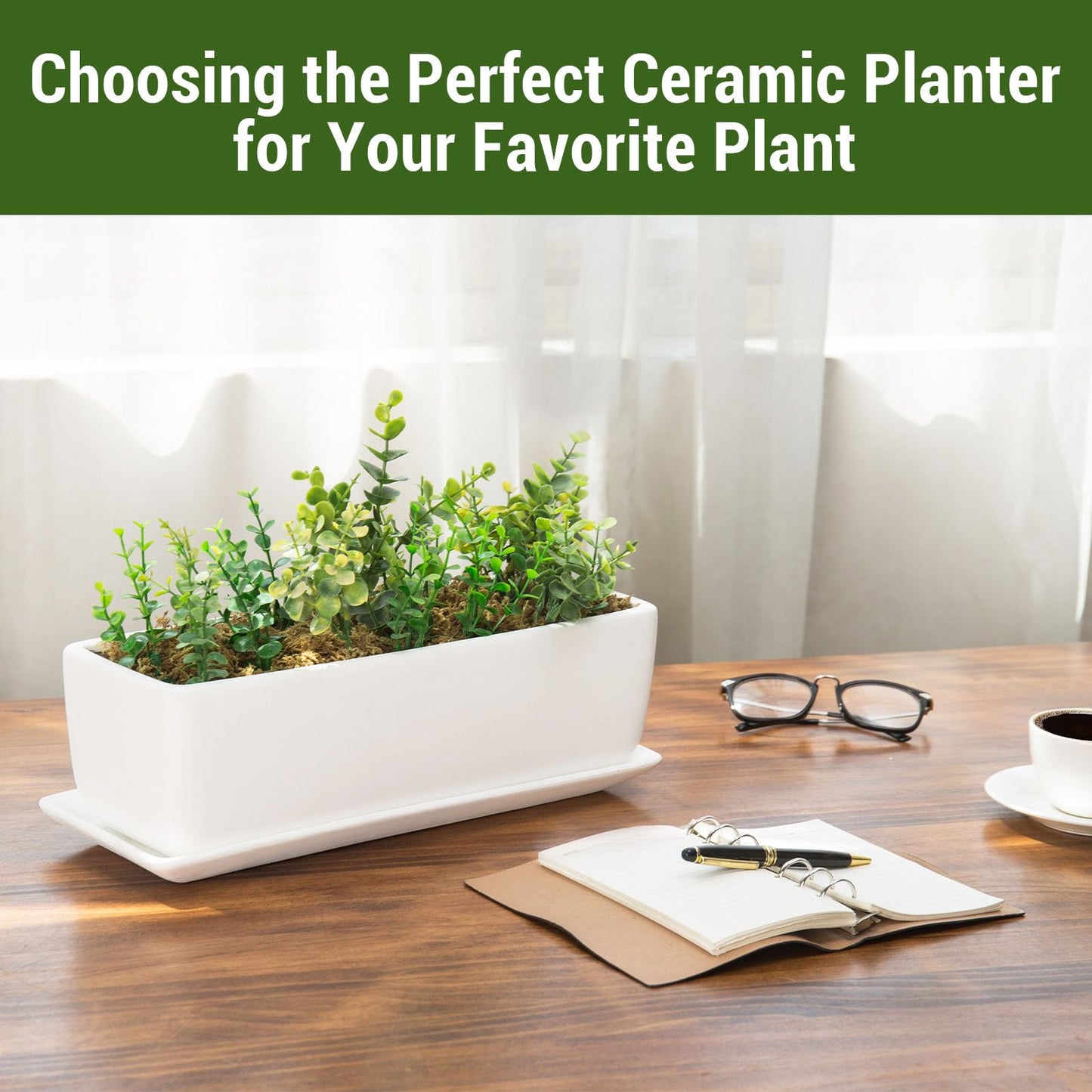 MyGift 14 Inch Ceramic Indoor Plant Pot with Drainage Hole, Rectangular Succulent Planter Window Box with Removable Saucer, Unglazed White