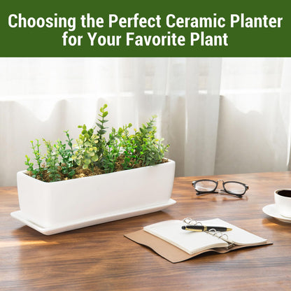 MyGift 14 Inch Ceramic Indoor Plant Pot with Drainage Hole, Rectangular Succulent Planter Window Box with Removable Saucer, Unglazed White