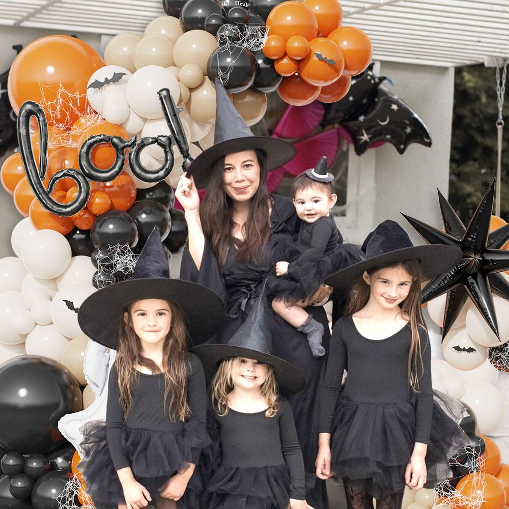 Halloween Little BOO Balloon Garland Arch Kit, 151 Pcs Black Burnt Orange Retro White Latex Balloons with Ghost and Boo Foil Balloon for Spooky One Costume Halloween Party Decorations