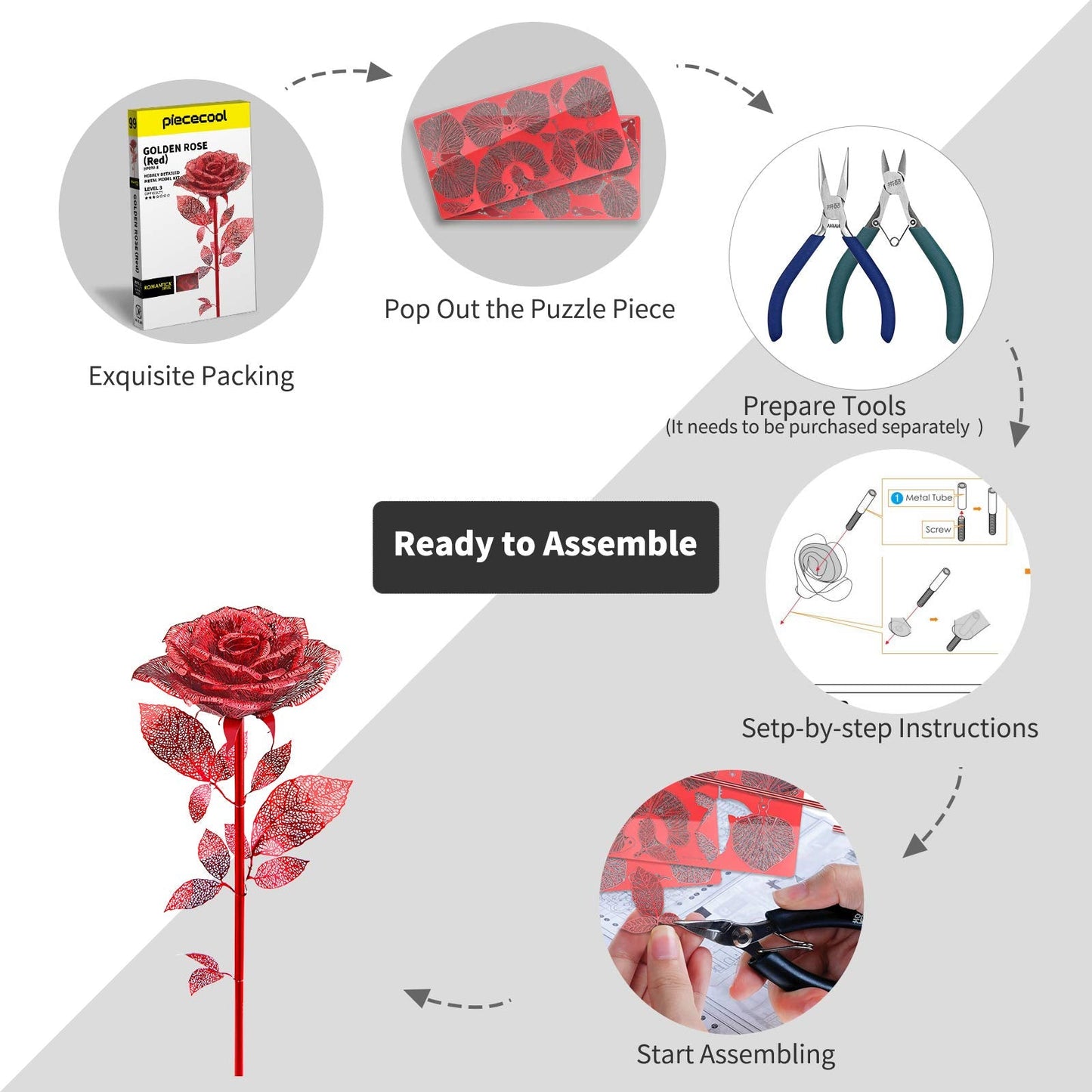Piececool 3D Metal Puzzles Rose Flower Model Kits, Artificial Fake Flowers Metal Building Kit DIY 3D Puzzle for Adults, for Father Mothers Valentines Day, 15Pcs