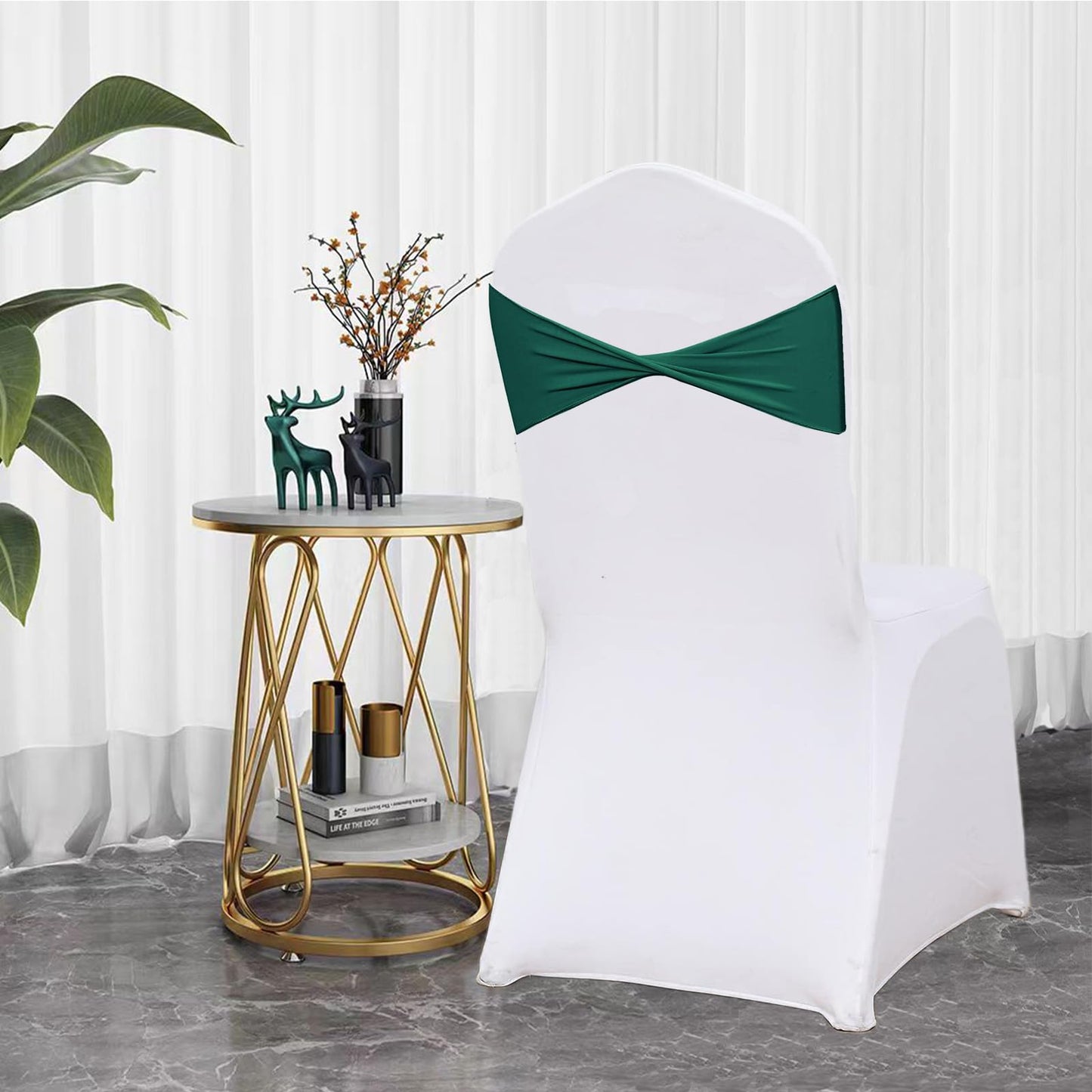 WYFMYD Spandex Emerald Green Chair Sashes 50 Pcs Dark Green Sashes Bows Elastic Chair Cover Bands Ties Without Buckle for Wedding Party Events Ceremony Birthday