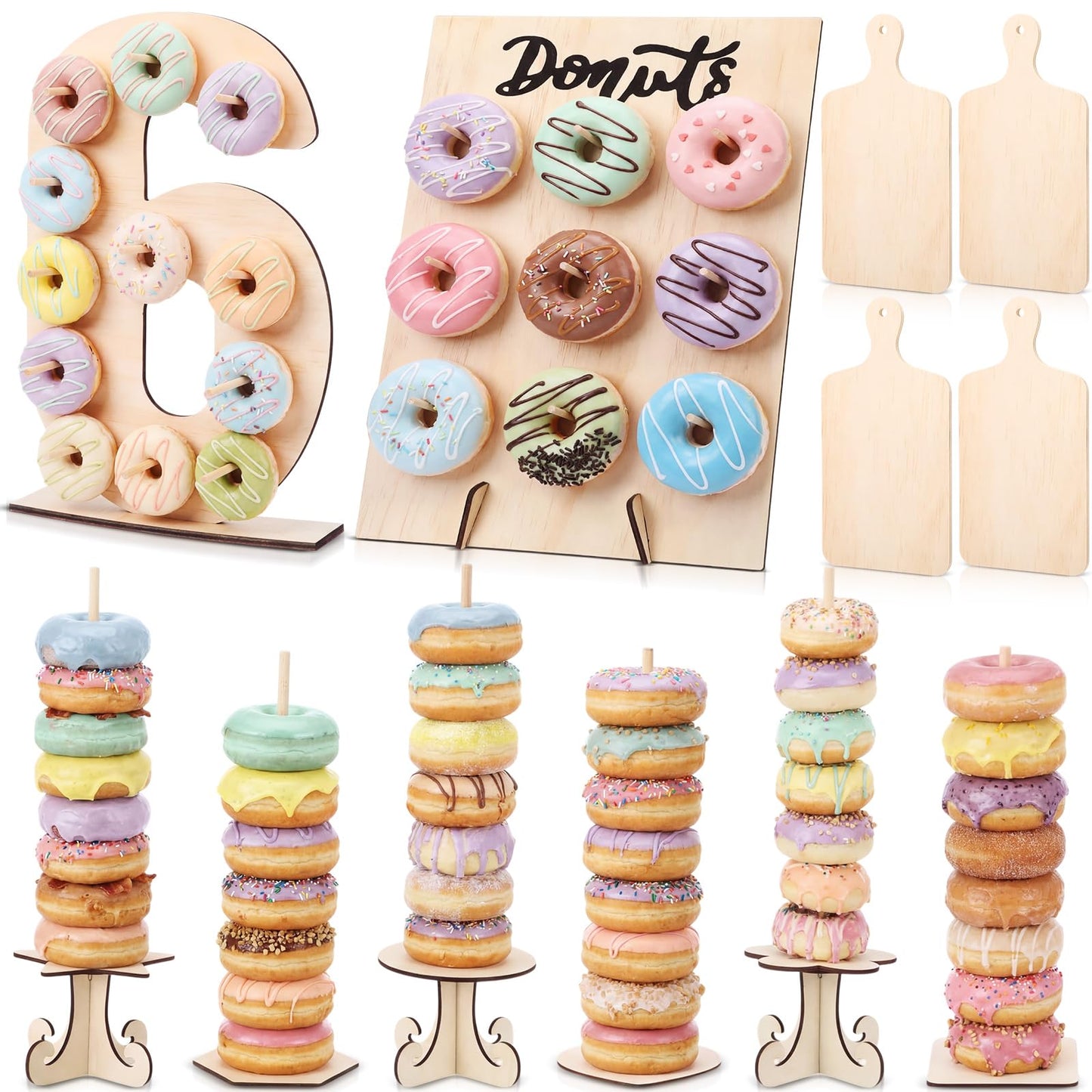 Lallisa 12 Pcs Wooden Donut Stand Set Number 6 Donut Display Stand 1 Doughnut Wall Display 4 Mini Charcuterie Boards 6 Doughnut Holder Tower for Dessert Table Birthday Wedding Baby Shower Party Deocr