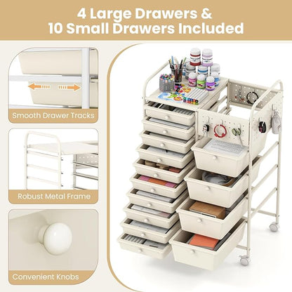 Giantex 14 Drawer Storage Cart, Rolling Craft Cart with Metal Tabletop & Pegboard, Mobile Utility Organizer Trolley with Locking Wheels, Home Office, Ivory