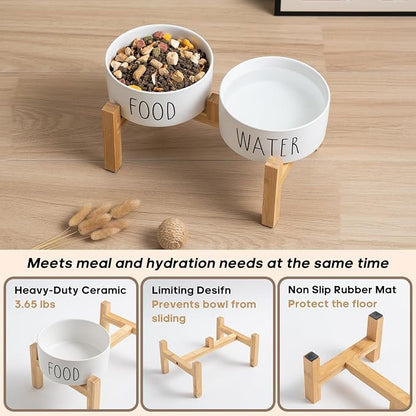 Elevated Ceramic Dog Bowls Set - Food & Water Lettering Raised Dog Bowl with Non-Slip Bamboo Stand for Small and Medium Dogs, Weighted Dogs Dishes Pet Bowls (6 inch, 2 * 30oz, White)
