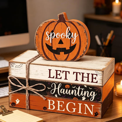 4 Pcs Halloween Tiered Tray Decor Farmhouse Wooden Book Stack with Gnome Spooky Halloween Tabletop Signs Fall Rustic Tiered Tray Decorations for Home Office Shelf Coffee Bar