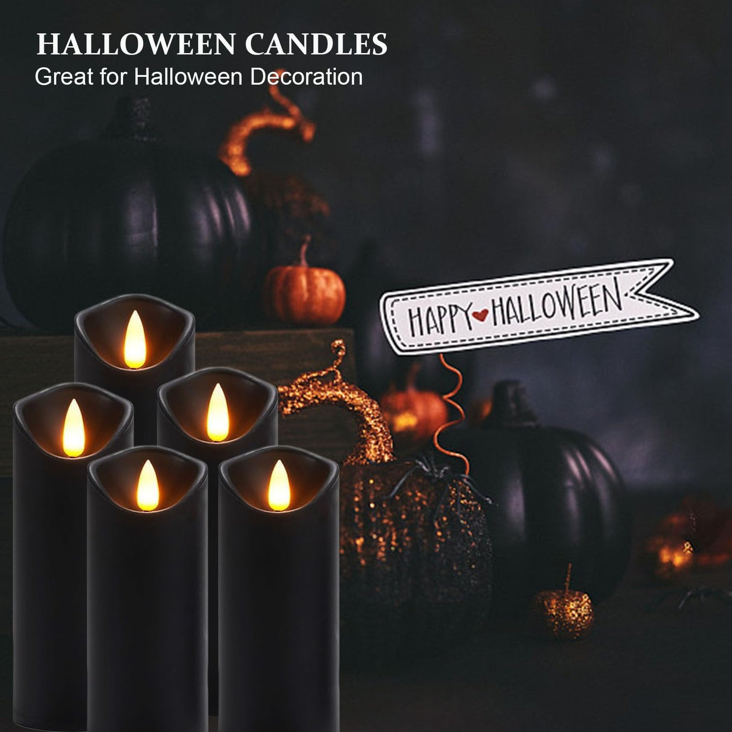 Black Pillar Flameless Candles 3D Wick with Controller,led Slim Candles Flicering Flame,Battery Operated Fake Plastic Candles for Halloween Christmas,Party Décor.(5Pack H 5" 5" 6" 6" 7" x D 2.2")