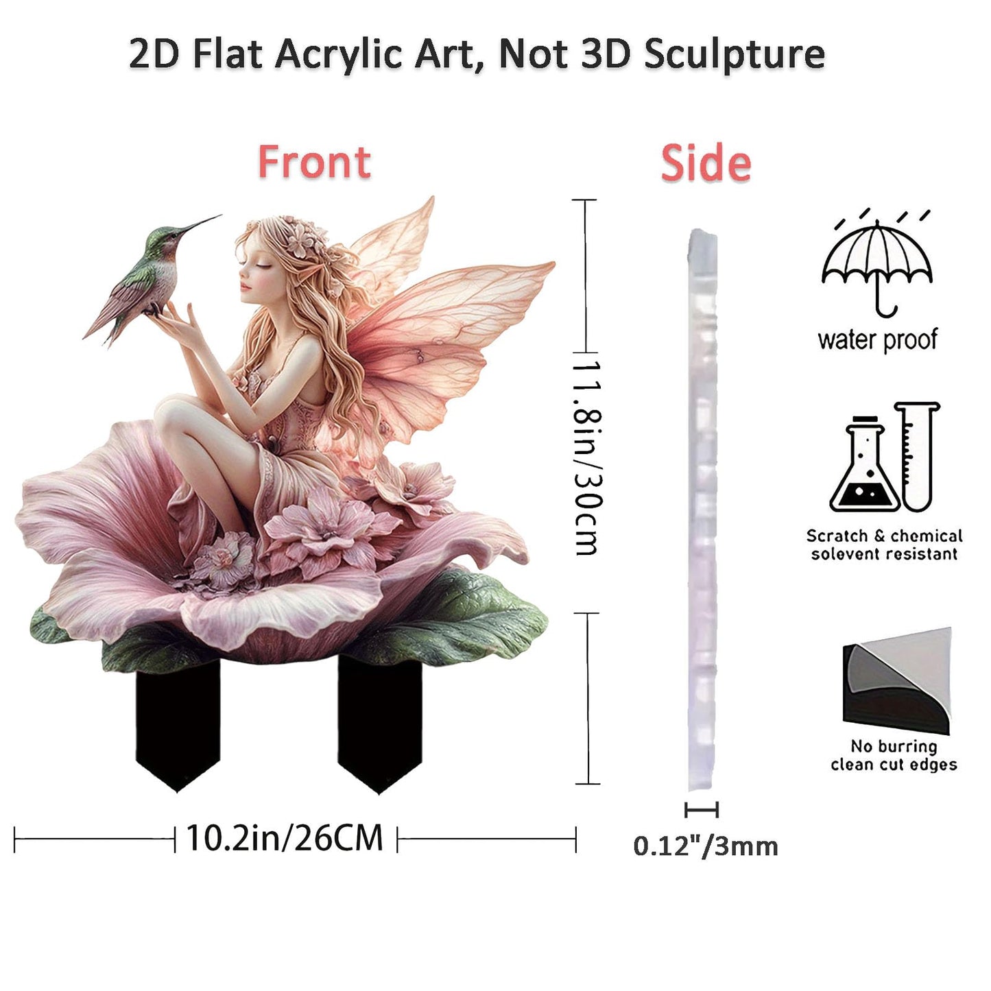 ANNUOZE Fairy Garden Stake Decor, 2D Flat Acrylic Fairy Garden Decor Panel, Elf Yard Sign for Outdoor Indoor Yard Lawn Plants Pots, Fairy Garden Accessories (Flowers Fairy and Hummingbird)