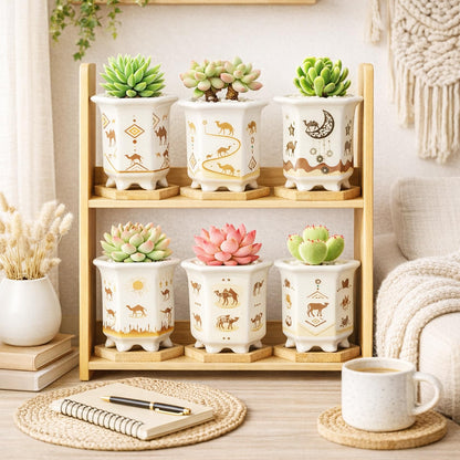 Succulent Pots 6 Pack, Small 3.3 Inch Cactus Pots with Drainage and Bamboo Tray, Ceramic Plant Pots for Succulents, Small Planters for Indoor Plants, Mini Flower Pots