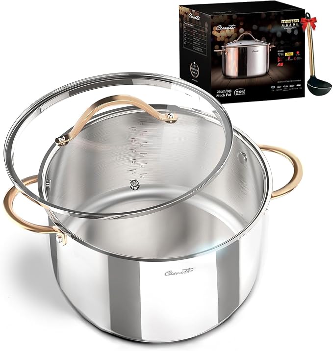 Ciwete 8 Quart Stock Pot, 3 Ply Whole Clad Stainless Steel Stock Pot, 8 QT Cooking Pot with Lid, Induction Pot for Cooking, 18/10 Stainless Steel Cookware Stockpots Oven, Gas and Dishwasher Safe