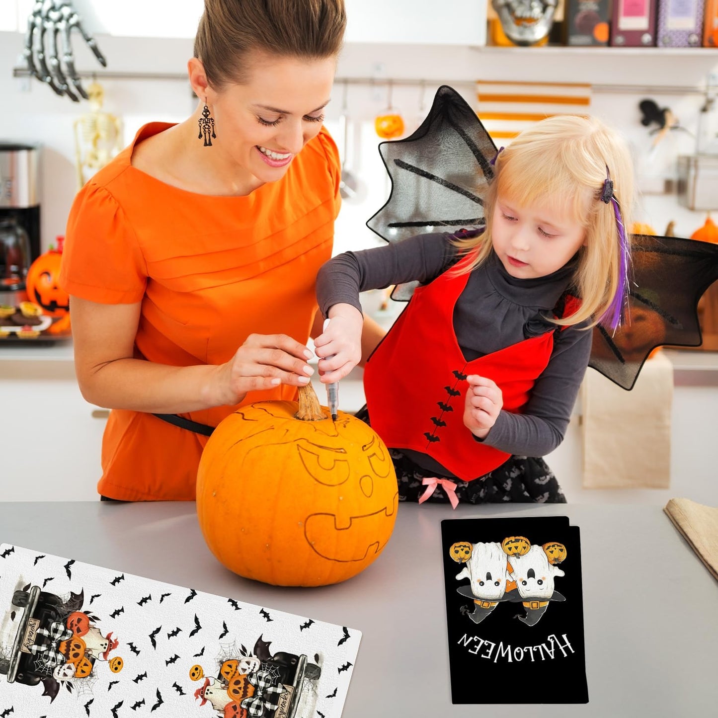 Zeptrix Kitchen Towels Halloween Kitchen Towels Funny Hand Towel for Bathroom Halloween Bathroom Decortions Pumpkin 4 Pcs Bat Ghost Truck Dish Cloths Gift for Home Wall Decor 16x24 Inch(White Black)