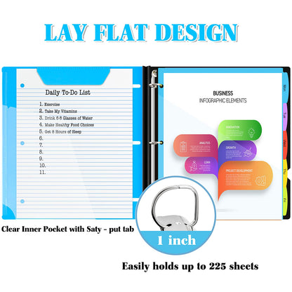INFUN 1 Inch Telescoping Project Organizer Binder-2PCS,13 Pocket, Customizable Front Cover, 5 Colors Pocket Divider and Plastic Binder Pocket，225 Sheet Capacity-Blue