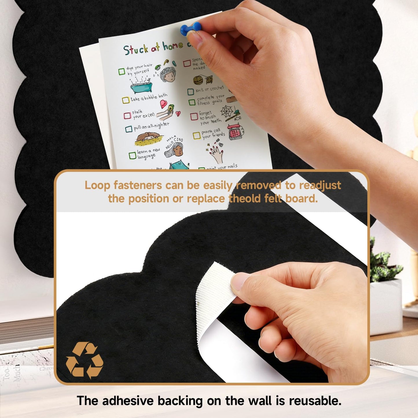 Felt Bulletin Board 24" x 18" Cork Board Alternative,Decorative Felt Pin Board Foldable Cork Boards for Walls Self-Adhesive Cork Board for Home Office Classroom Pin Board (Black)