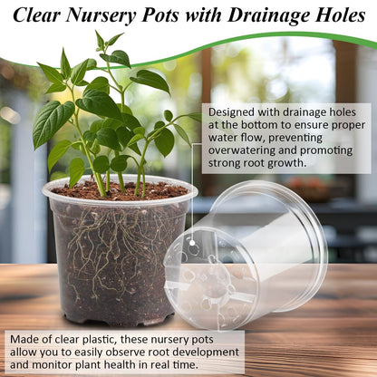 RooTrimmer Transparent Nursery Pots 4Inch with Humidity Domes for Seeds Starting, Clear Plastic Plant Pots with Drainage Holes (4Inch, 30Pcs,Clear Pots with Lids)