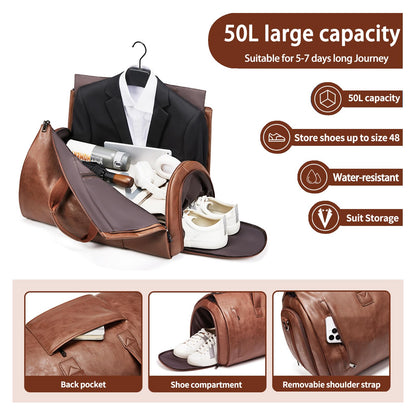 Leather Garment Bag，Convertible Garment Duffel Bag for Travel Mens Suit Bag 2 in 1 Waterproof Foldable Carry on Garment Bag with Shoulder Strap Weekender Bag with Shoe Pouch