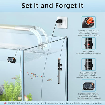 HiTauing Aquarium Heater 25W/50W/100W/200W/300W, Adjustable Knob Fish Tank Heater with Digital Thermometer, Submersible Betta/Turtle Tank Heater for Freshwater and Saltwater Tanks