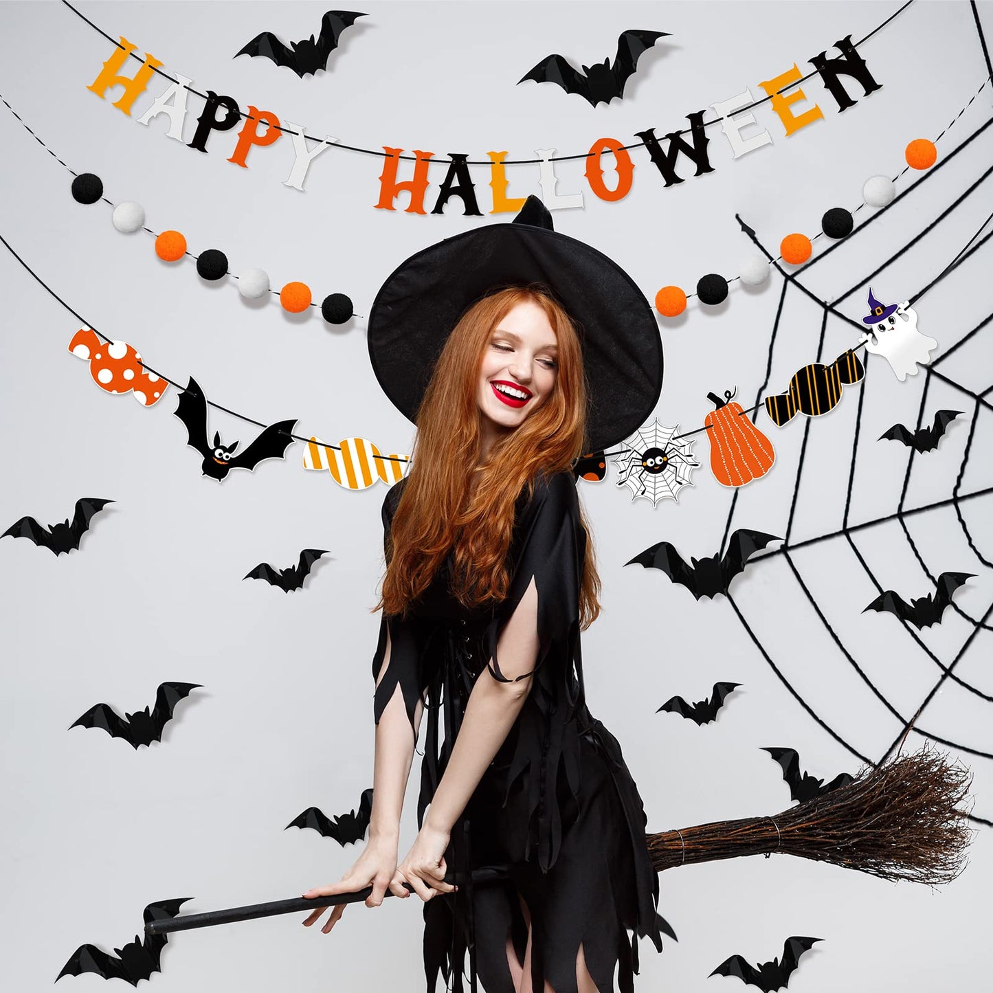 Hotop Halloween Banner Set: Pom Pom Garland, Candy Banner, Bat Decorations for Party Decor