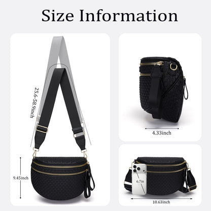 AMZFROG Checkered Woven Cross body Bum Bags for Women Trendy Casual Chest Bag Sling Bags Genuine Leather Fanny Packs Adjustable Strap Large Waist Bag for Outdoor Travel Black