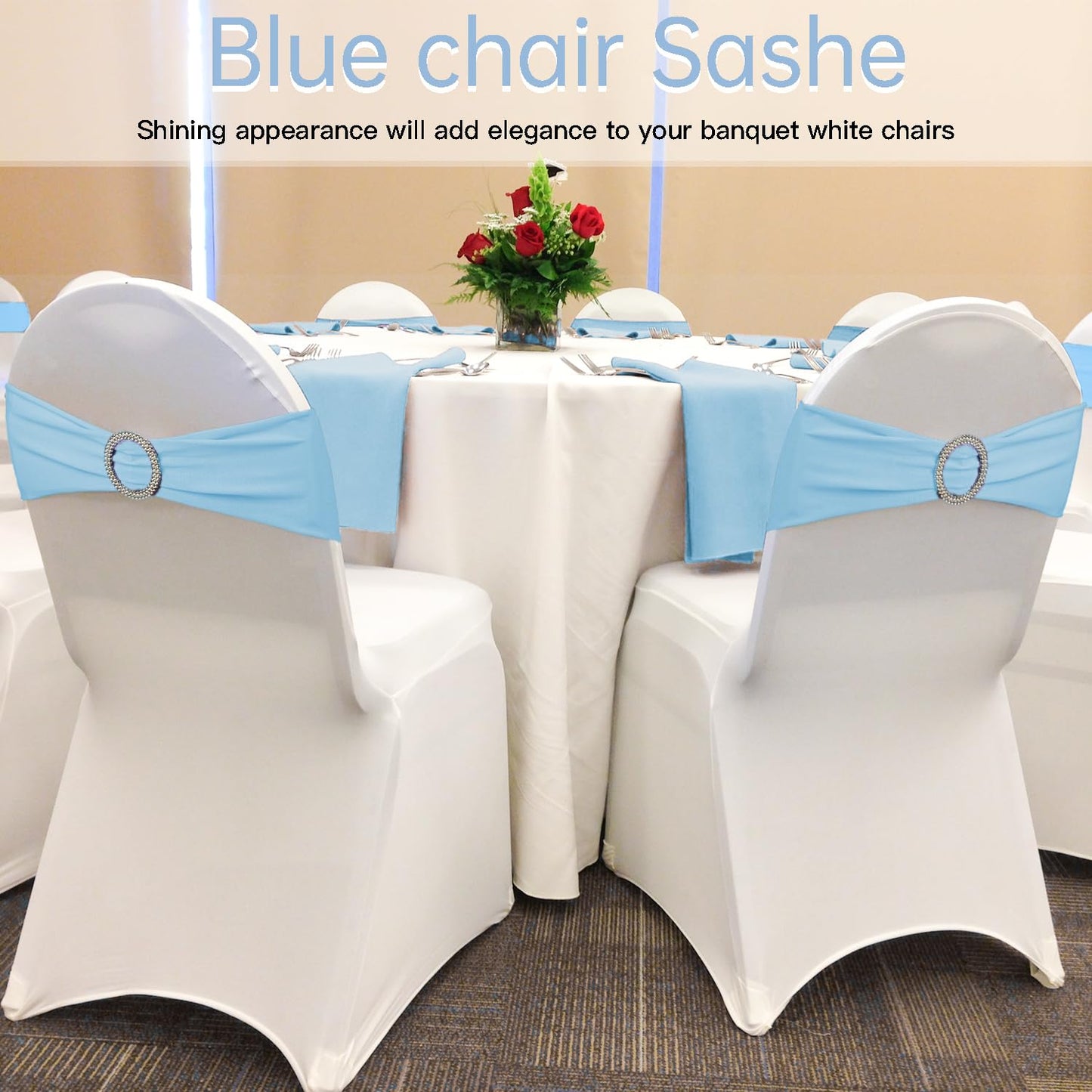 WJWHQ 100PCS Spandex Stretch Chair Sashes Bows Elastic Chair Cover Bands Ties with Buckle Slider for Wedding Party Reception Events Universal Ceremony Banquet Decorations(Baby Blue)