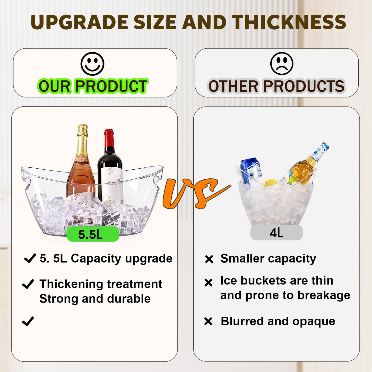 tchrules Acrylic Ice Bucket, 5.5L Clear Beverage Tub with Dual Handles