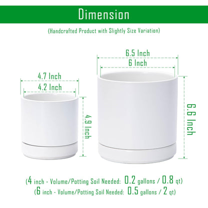 D'vine Dev 4.7 Inch & 6.5 Inch Ceramic Planter Pots for Plants with Drainage Hole and Saucer, Small Plant Pots Set, White, 94-G-S-1