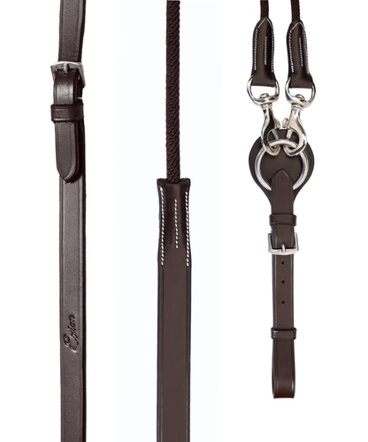ExionPro Exion Leather and Rope Draw Reins for Horses, 6/8-19 mm Wide 90 inches Long with Buckle Guard Handle and Quick Snap | Premium Equestrian Training Draw Rein for Horses