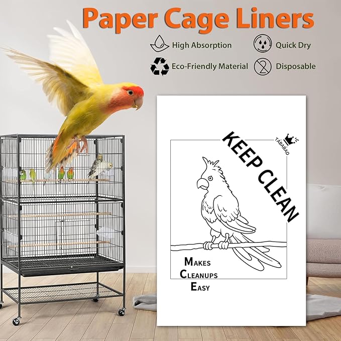 Bird Cage Liners, Bird Cage Paper Liners, 50pcs Disposable Cage Liners, Pre-Cut Bird Cage Liners for Parrot, Parakeet, Conure, Cockatiel, Kraft Paper Cage Liners, 17 X 11 inch, White