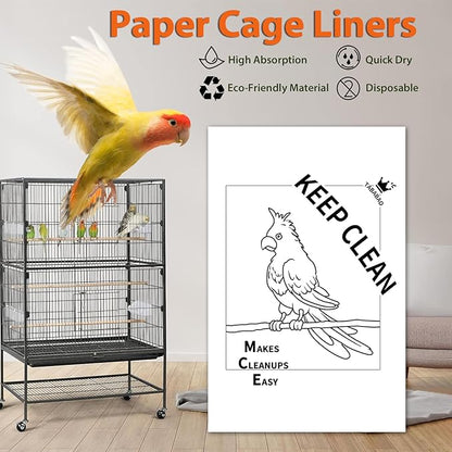 Bird Cage Paper Liners, 100pcs Disposable Pre-Cut Large Liners for Parrot, Parakeet, Conure, Cockatiel, 17 X 11 inch, White