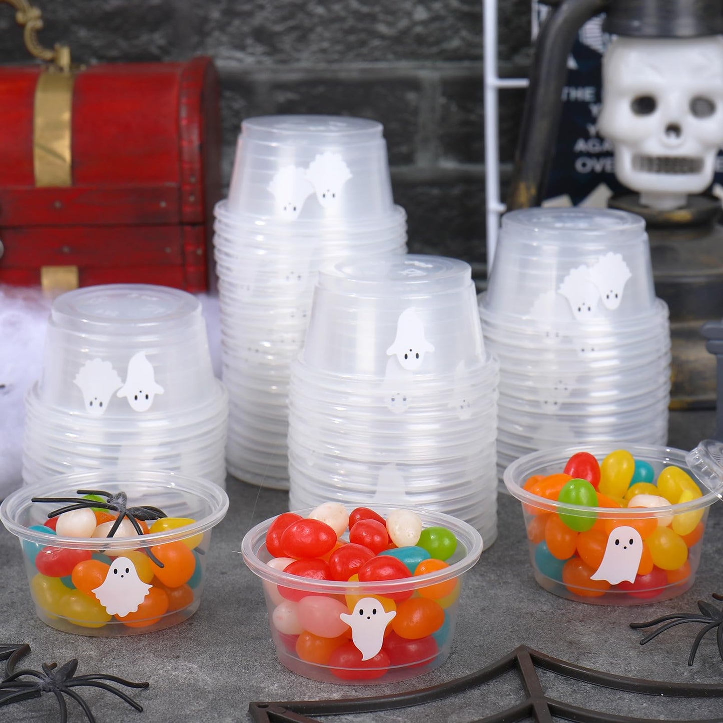 FYSUIMU 75 Pcs Halloween Sauce Cup Mini White Ghost Jelly Shot Cups with Lids Disposable Plastic Containers for Holidays Party Supplies, 2 oz
