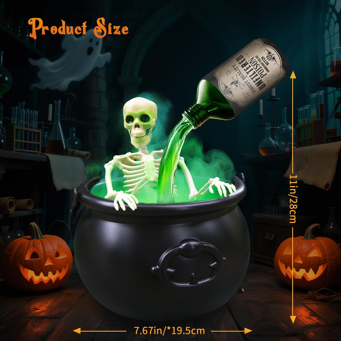 Halloween Decorations - Cauldron Halloween Decor with Magic Floating Potion Bottles Fog Diffuser Spooky Skeletons & Black Plastic Witches Bowl for Indoor Outdoor Party/Table/Mantel/Kitchen Decor