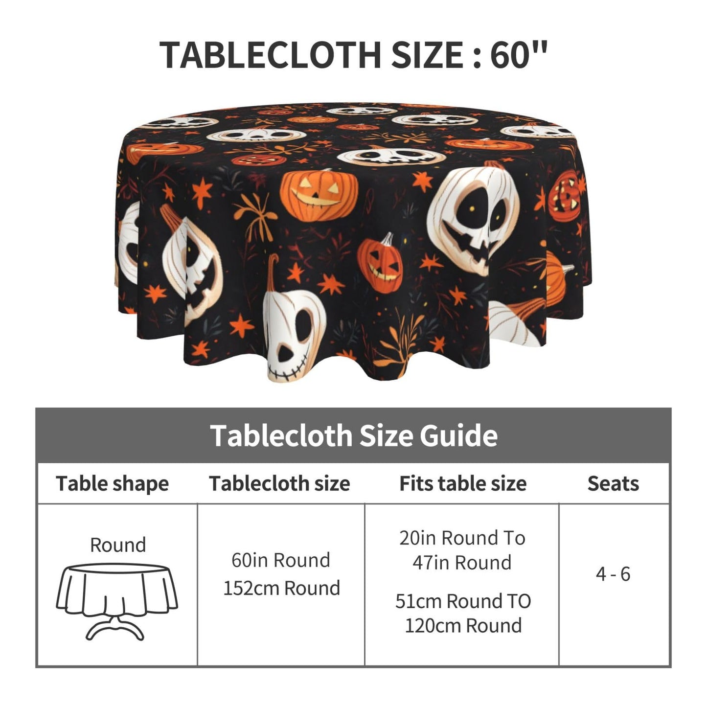 Halloween Pumpkin Round Tablecloth 60 Inch, Halloween Decorations Round Table Cloth for Halloween Holiday Picnic Party Kitchen/Home Dining Decor