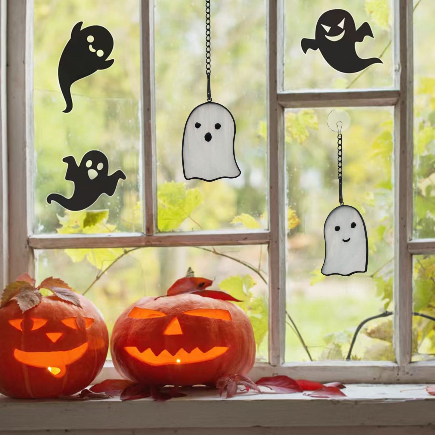 BOXCASA Ghosts Stained Glass Window Hangings,Funny Ghosts Stained Glass Suncatcher Gifts for Girls Boys Women Kids, Cute Ghosts Decor Halloween Ornament for Window,Set of 2