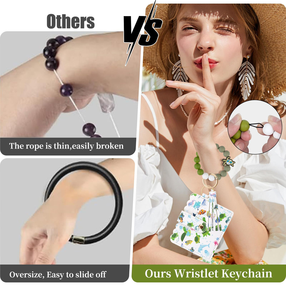 elephtree Wristlet Wallet Keychain,Beaded Silicone Bracelet PU Leather Card Holder Tassel Key Ring Bangle for Women Girls(Turtle)