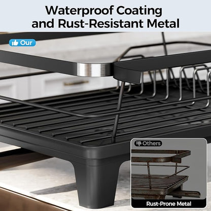 Urackify Dish Drying Rack for Kitchen Counter, Sink Dish Rack with Drainboard 12.2" W x 16.5" L, Large Dish Drainer with Cutlery Holder, Home Countertop Plate Dryer Storage Rack, Black