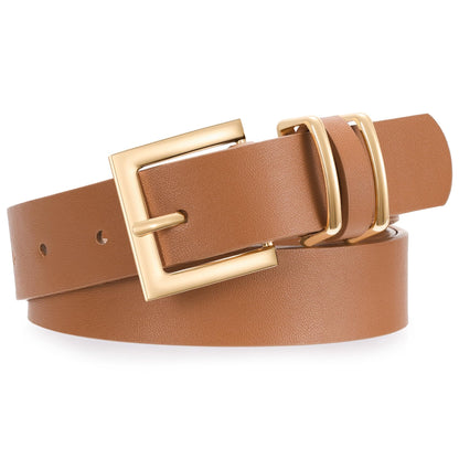 XZQTIVE Women Leather Belt with Gold Square Buckle,Stylish & Durable Waist Belt for Jeans,Pants & Dresses,Adjustable Fit,Classic Fashion Accessory