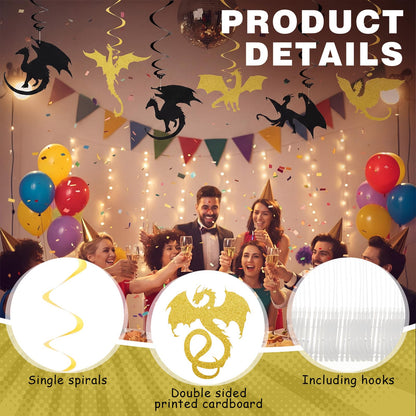 Sumind 30 Pcs Dragon Hanging Swirls Party Decorations, Black and Gold Dragon Ceiling Hanging Decor for Medieval Fantasy Themed Birthday Party Supplies, 10 Designs