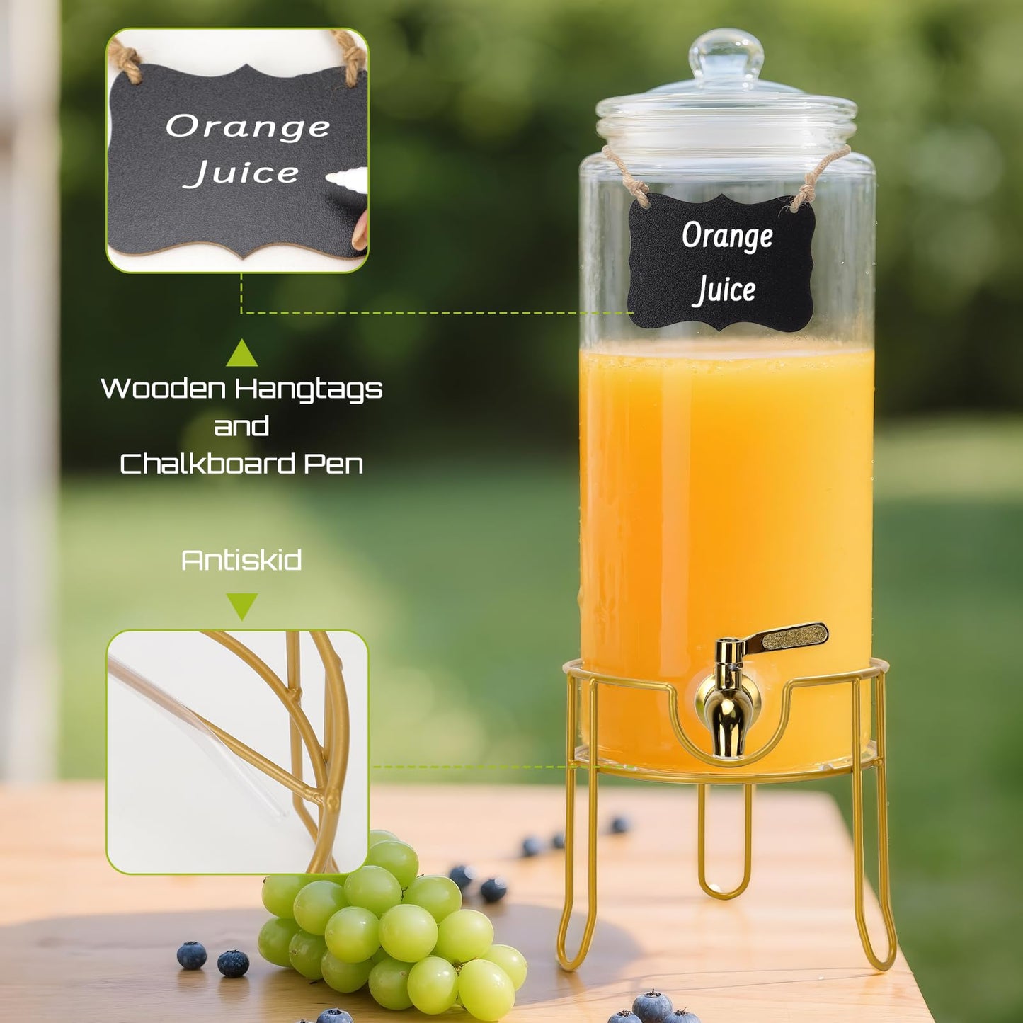 DHSBTLS 1.5 Gallon Glass Drink Dispensers, Round Beverage Dispenser for Party, BBQ and Picnic, Clear Airtight Juice Dispenser with Golden Stand, Stainless Steel Spigot, Markers and Chalkboard
