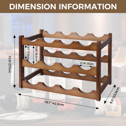 Janedream Bamboo Wine Rack 3-Tier 12 Bottle, Freestanding Countertop Wine Storage Shelf, Sturdy Natural Wine Holder Display Cabinet for Kitchen, Pantry, Dining Room & Home Bar (3 Tier)